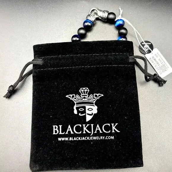 Blackjack BJB244BTN Men’s Blue Tiger Eye Onyx Beaded Bracelet 10mm NIBWT